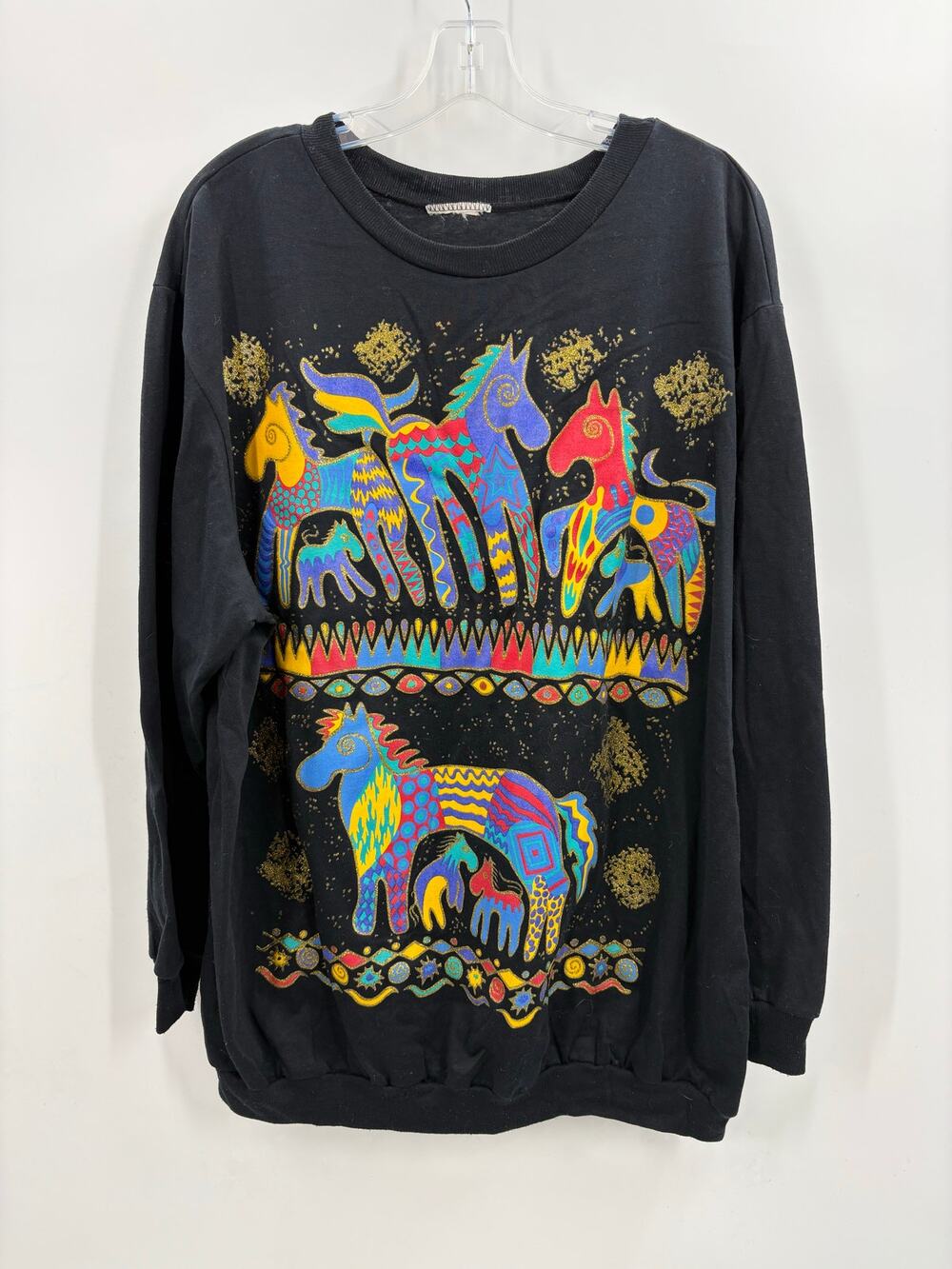 Vintage Pop Art Colorful Sparkly Horses Long Sleeve Shirt Tunic XL